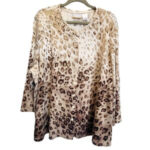 ALFRED DUNNER 3X Beaded Embellished Animal Print Button Down Cardigan